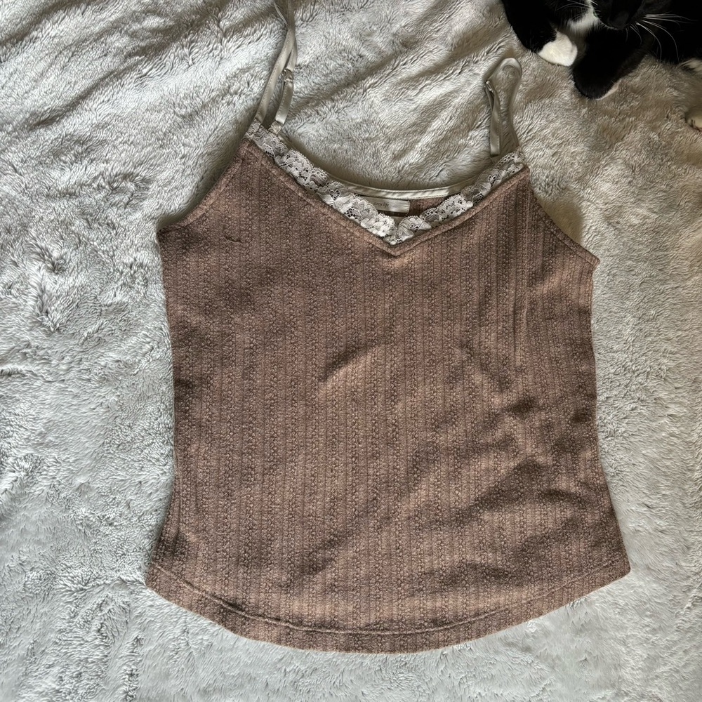 Cozy Life Brown Thin Strapped Sweater Style Tank, Lace Neckline